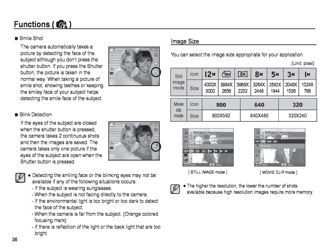 Samsung EC-ST45ZZBPBE1 manual Image Size, Functions, Smile Shot, Blink Detection, If the subject is wearing sunglasses 