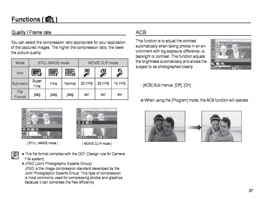 Samsung EC-ST45ZZBPAE1, EC-ST45ZZBPUE1, EC-ST45ZZBPRE1, EC-ST45ZZAAA Quality / Frame rate, Functions, ACB Sub menus Off, On 