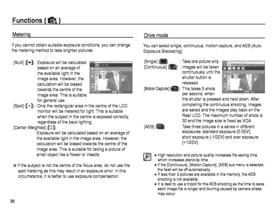 Samsung EC-ST45ZZBPRIT, EC-ST45ZZBPUE1, EC-ST45ZZBPRE1, EC-ST45ZZBPBE1, EC-ST45ZZBPAE1 manual Metering, Drive mode, Functions 