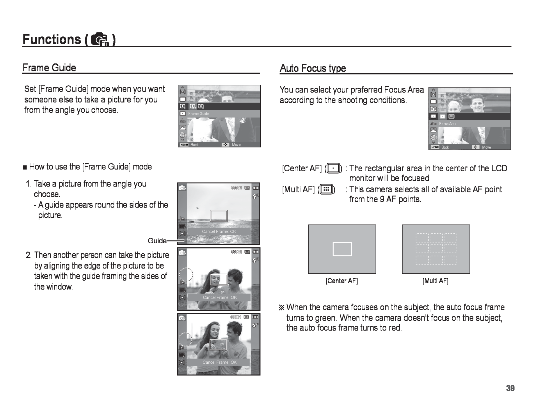 Samsung EC-ST45ZZBPUIT, EC-ST45ZZBPUE1, EC-ST45ZZBPRE1, EC-ST45ZZBPBE1, EC-ST45ZZAAA Frame Guide, Auto Focus type, Functions 