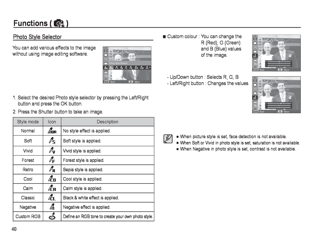 Samsung EC-ST45ZZBPAIT, EC-ST45ZZBPUE1 manual Photo Style Selector, Functions, Press the Shutter button to take an image 