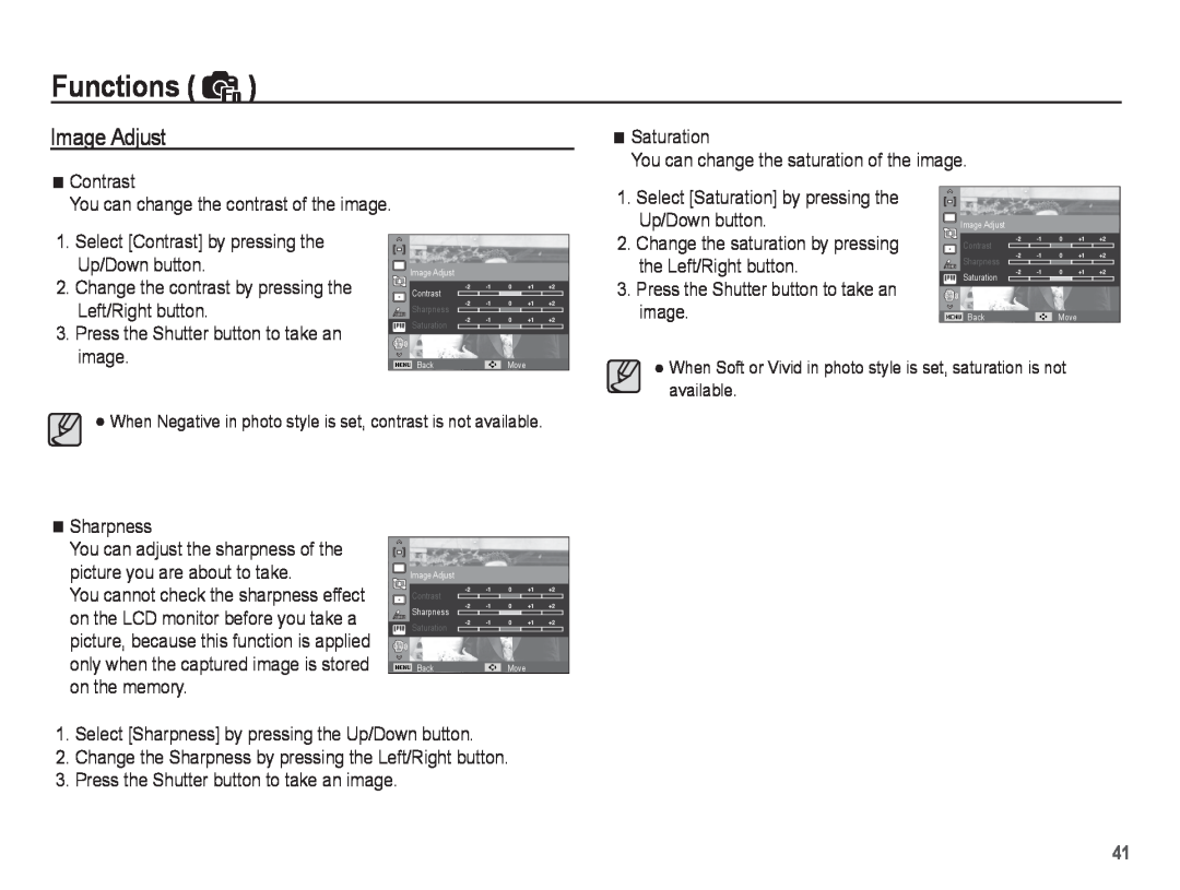Samsung EC-ST45ZZBPBIT, EC-ST45ZZBPUE1, EC-ST45ZZBPRE1 manual Image Adjust, Functions, Select Contrast by pressing the 