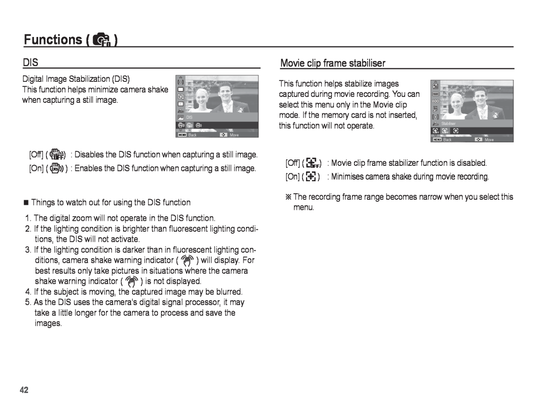 Samsung EC-ST45ZZAAA, EC-ST45ZZBPUE1, EC-ST45ZZBPRE1, EC-ST45ZZBPBE1, EC-ST45ZZBPAE1 Movie clip frame stabiliser, Functions 