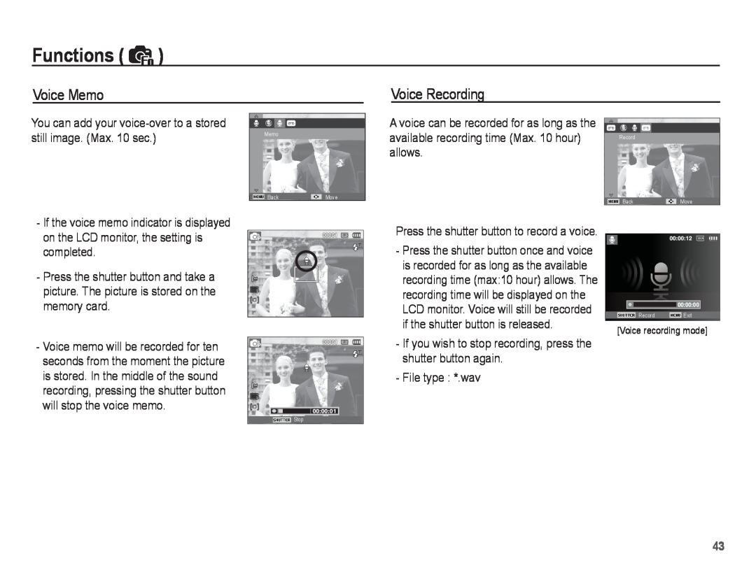 Samsung EC-ST45ZZBPBZA, EC-ST45ZZBPUE1, EC-ST45ZZBPRE1, EC-ST45ZZBPBE1, EC-ST45ZZBPAE1 Voice Memo, Voice Recording, Functions 