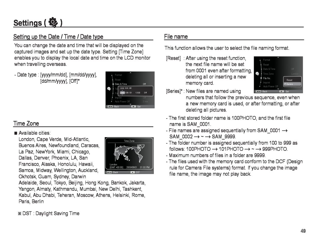 Samsung EC-ST45ZZBPASA, EC-ST45ZZBPUE1 manual Setting up the Date / Time / Date type, File name, Time Zone, Settings ” 