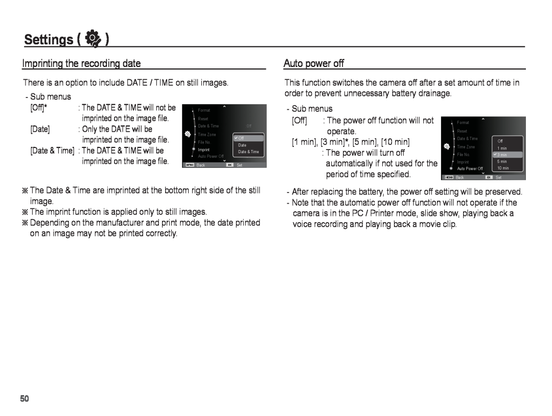 Samsung EC-ST45ZZBPBSA, EC-ST45ZZBPUE1, EC-ST45ZZBPRE1 manual Imprinting the recording date, Auto power off, Settings ” 