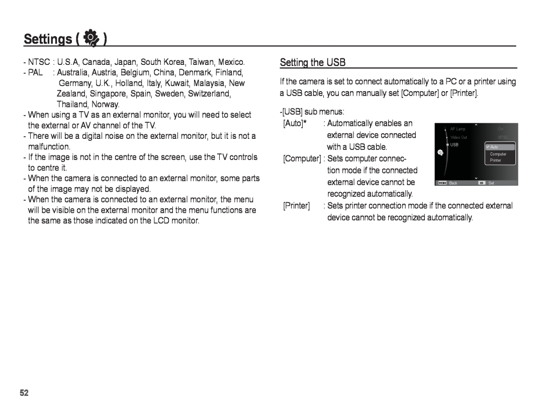 Samsung EC-ST45ZZBPAVN, EC-ST45ZZBPUE1, EC-ST45ZZBPRE1, EC-ST45ZZBPBE1, EC-ST45ZZBPAE1 manual Setting the USB, Settings ” 