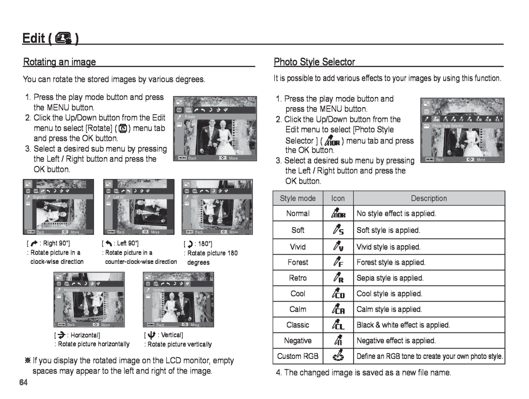 Samsung EC-ST45ZZBPURU manual Rotating an image, Edit, Photo Style Selector, Rotate picture, counter-clock-wise direction 