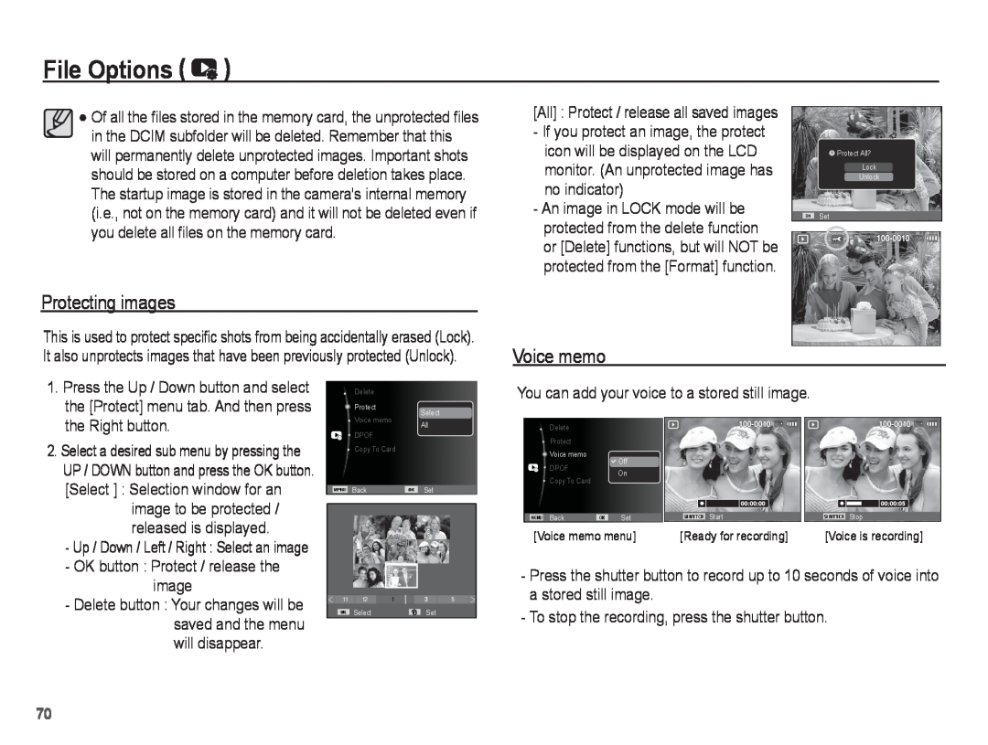 Samsung EC-ST45ZZBPRE1 manual Protecting images, Voice memo, File Options, You can add your voice to a stored still image 