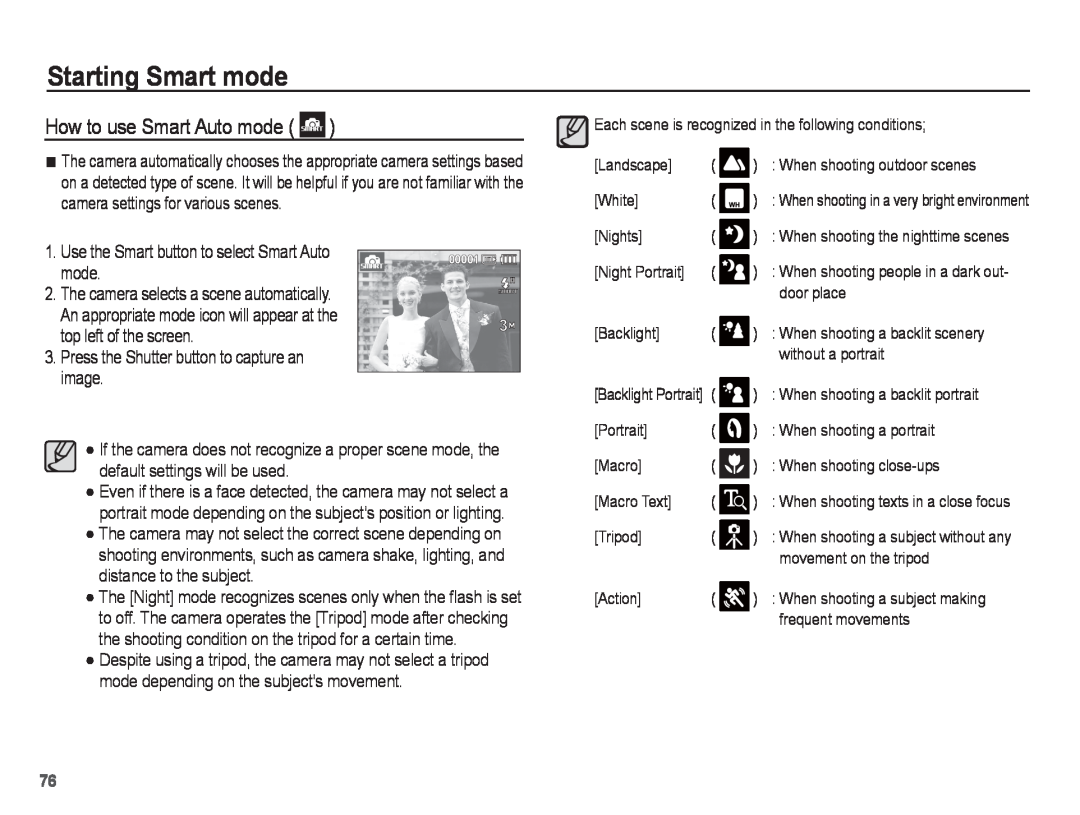 Samsung EC-ST45ZZBPBIT How to use Smart Auto mode, Starting Smart mode, Use the Smart button to select Smart Auto mode 