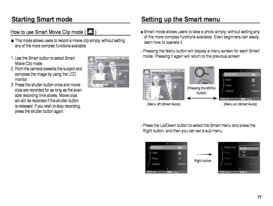 Samsung EC-ST45ZZAAA, EC-ST45ZZBPUE1 manual Setting up the Smart menu, How to use Smart Movie Clip mode, Starting Smart mode 