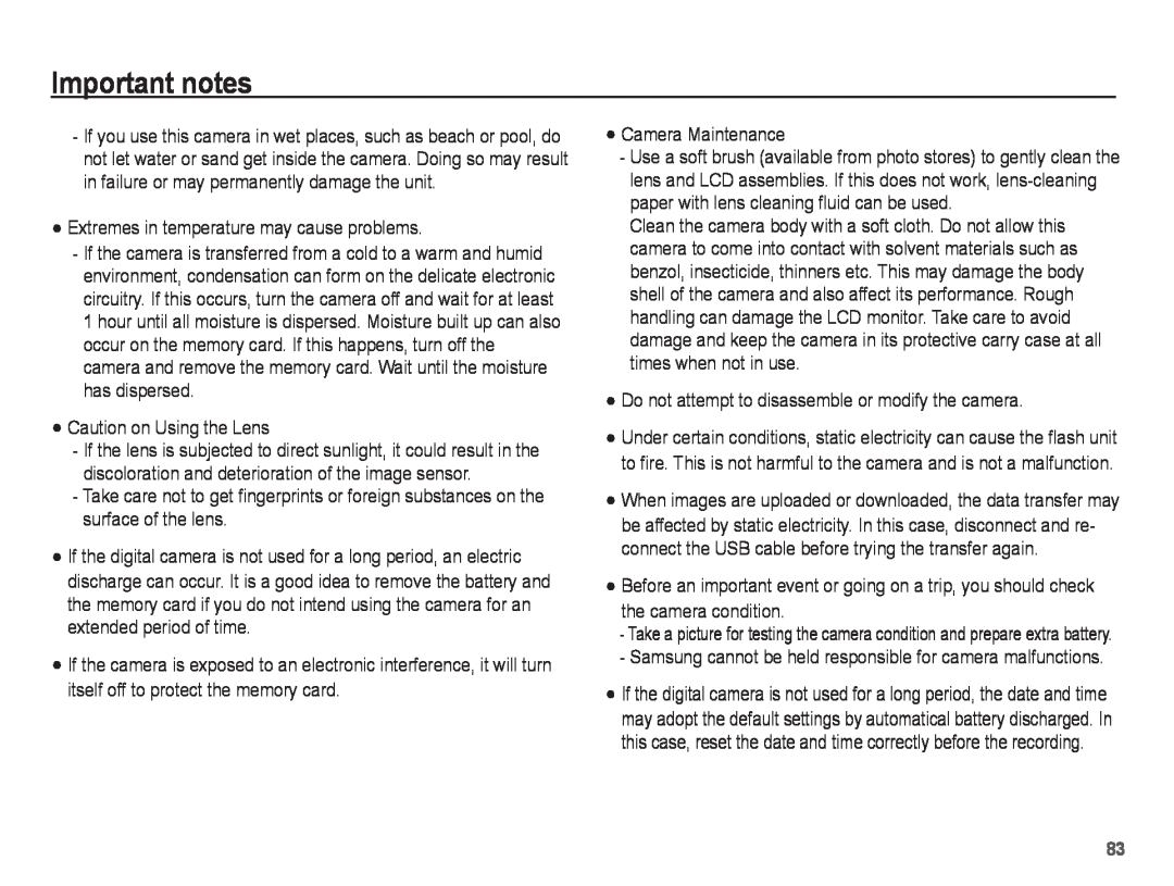 Samsung EC-ST45ZZDPRME manual Important notes, Extremes in temperature may cause problems, Caution on Using the Lens 