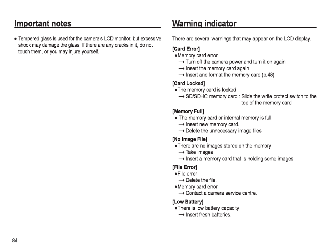 Samsung EC-ST45ZZBPASA manual Warning indicator, Important notes, Card Locked, Memory Full, No Image File, File Error 