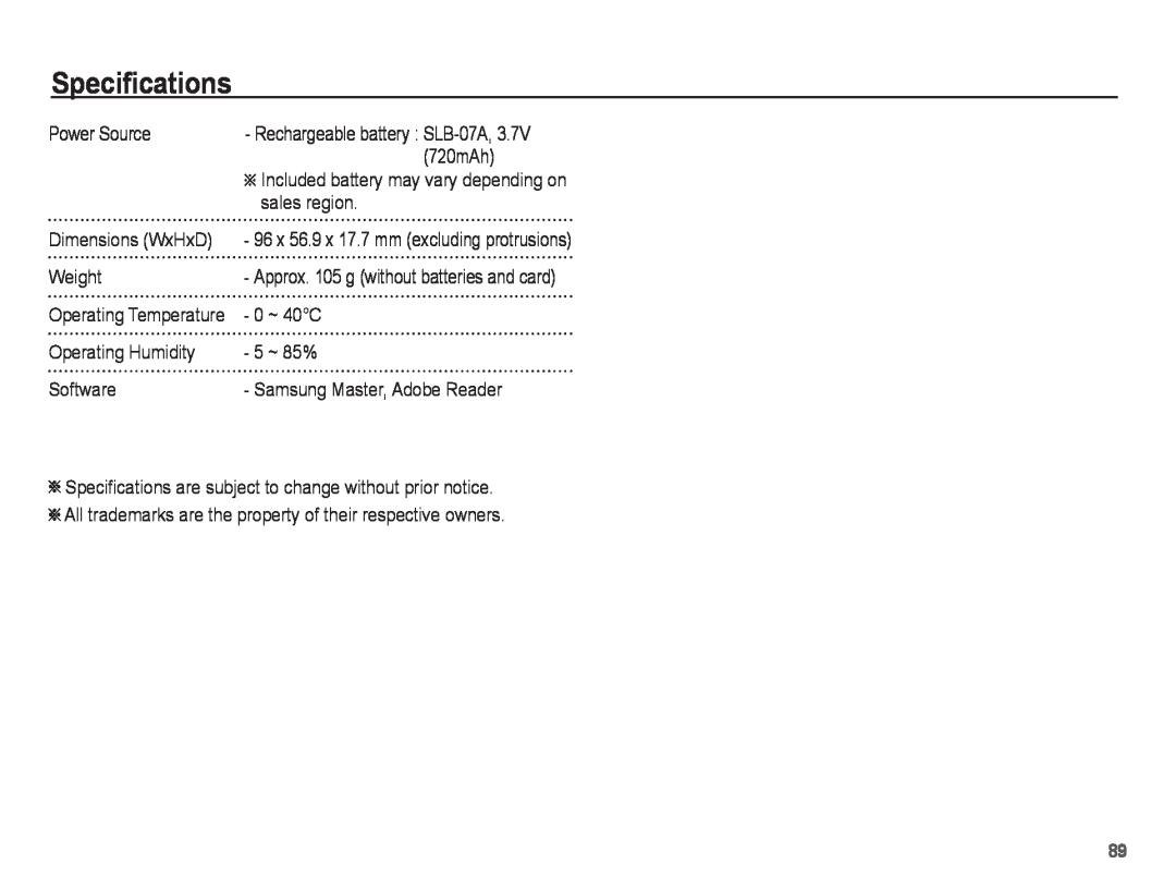 Samsung EC-ST45ZZBPBVN, EC-ST45ZZBPUE1, EC-ST45ZZBPRE1, EC-ST45ZZBPBE1, EC-ST45ZZBPAE1 manual Specifications, Power Source 