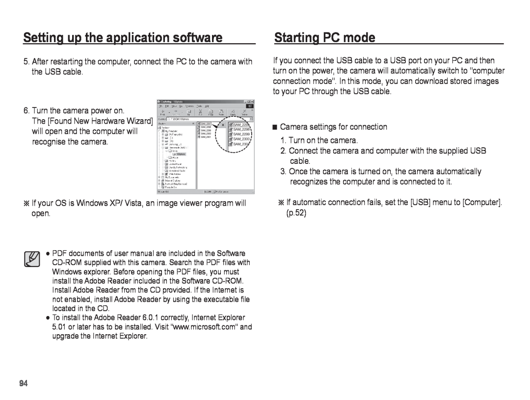 Samsung EC-ST45ZZBPUE2, EC-ST45ZZBPUE1 Starting PC mode, Setting up the application software, Turn the camera power on 