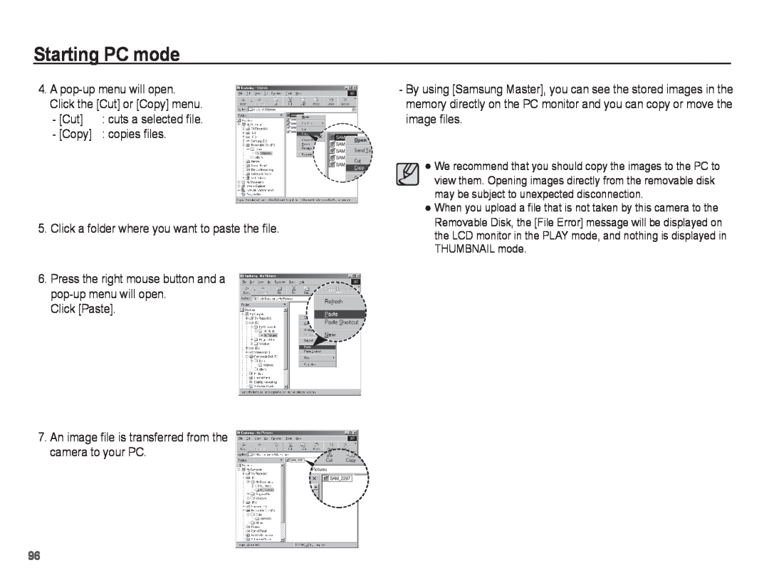 Samsung EC-ST45ZZBPBE2 manual Starting PC mode, Copy copies files 5. Click a folder where you want to paste the file 