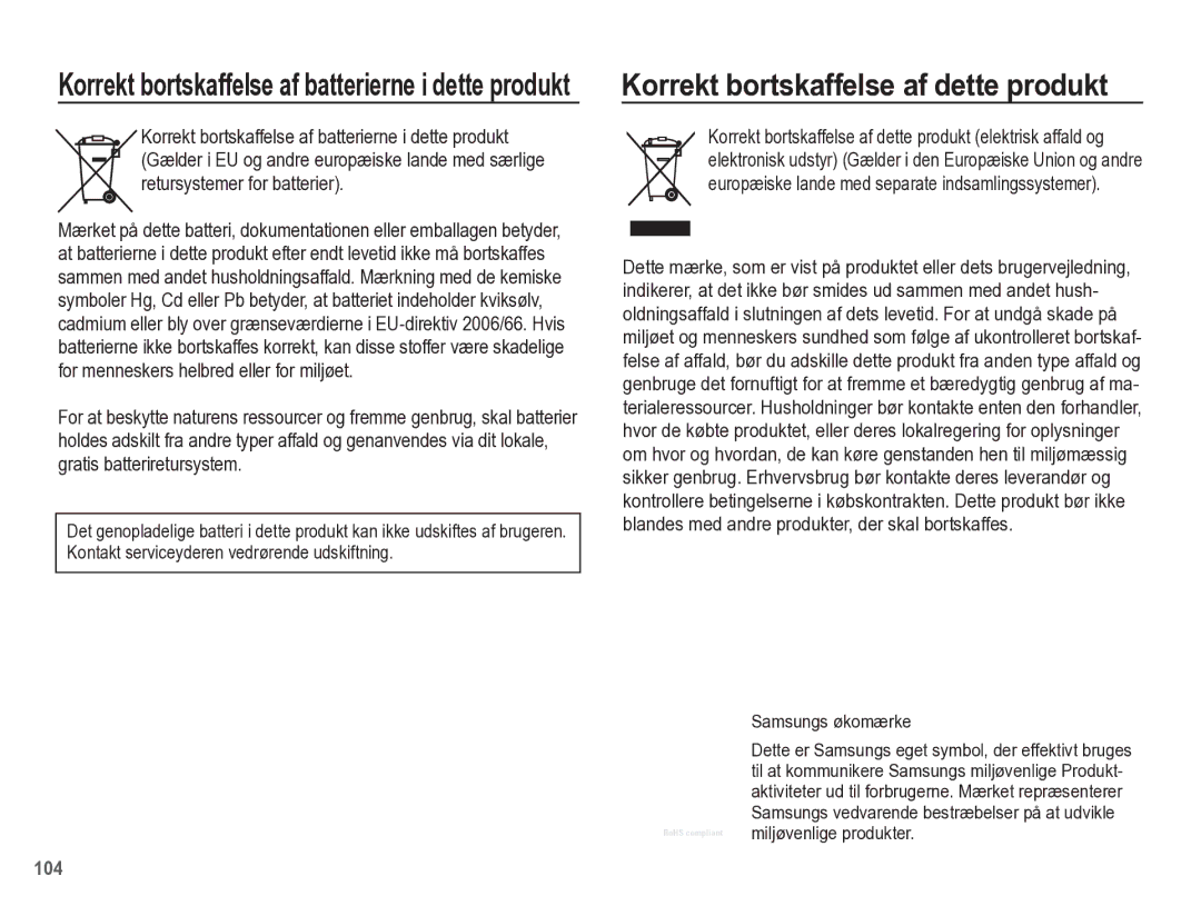 Samsung EC-ST45ZZBPRE2, EC-ST45ZZBPUE2, EC-ST45ZZBPBE2 manual Korrekt bortskaffelse af dette produkt, Samsungs økomærke 