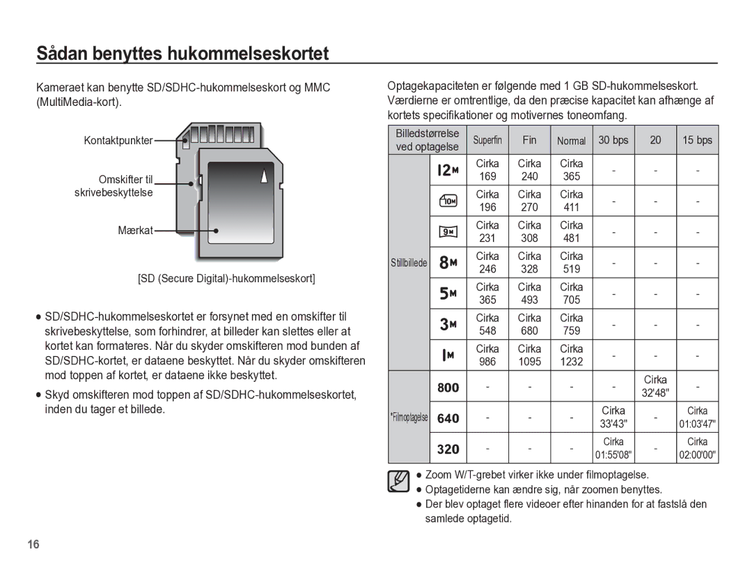 Samsung EC-ST45ZZBPRE2 manual Kontaktpunkter, Mærkat SD Secure Digital-hukommelseskort, Ved optagelse, Stillbillede, Cirka 