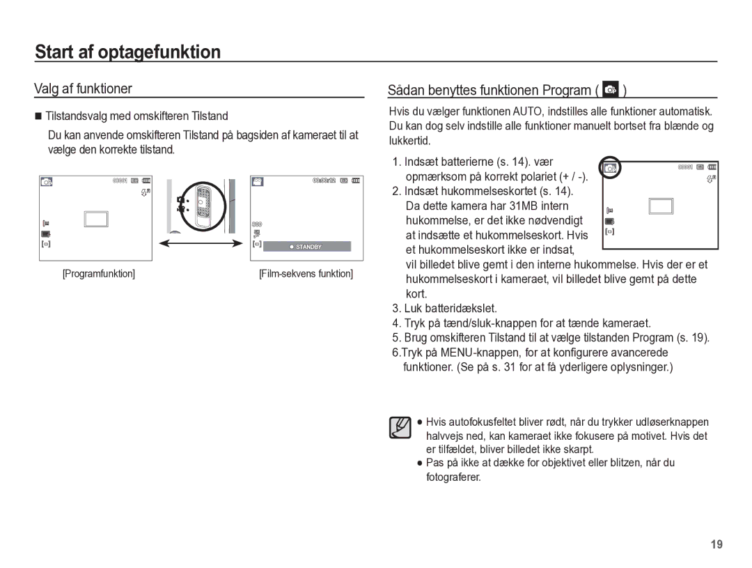 Samsung EC-ST45ZZBPUE2 Start af optagefunktion, Valg af funktioner, Sådan benyttes funktionen Program, Programfunktion 