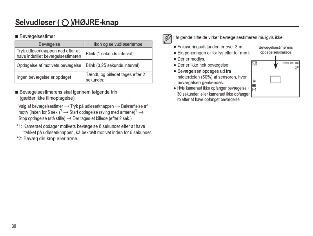 Samsung EC-ST45ZZBPAE2, EC-ST45ZZBPUE2 manual Bevægelsestimer, Gælder ikke ﬁlmoptagelse, Der tages et billede efter 2 sek 