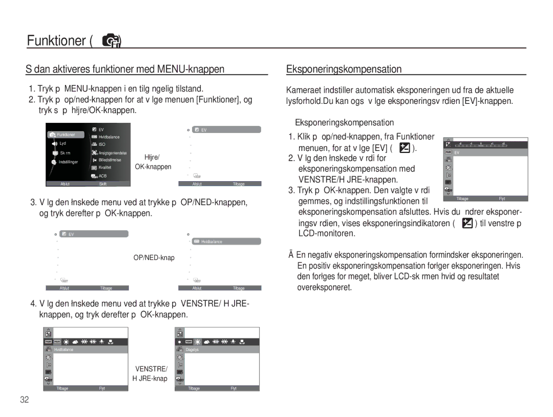 Samsung EC-ST45ZZBPRE2, EC-ST45ZZBPUE2, EC-ST45ZZBPBE2 Eksponeringskompensation med, Gemmes, og indstillingsfunktionen til 