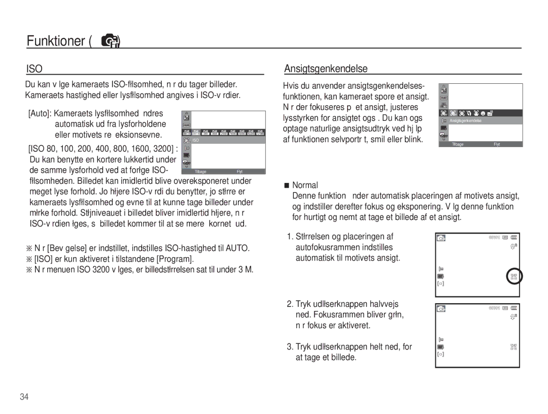 Samsung EC-ST45ZZBPAE2, EC-ST45ZZBPUE2 manual Ansigtsgenkendelse, ISO er kun aktiveret i tilstandene Program, Normal 