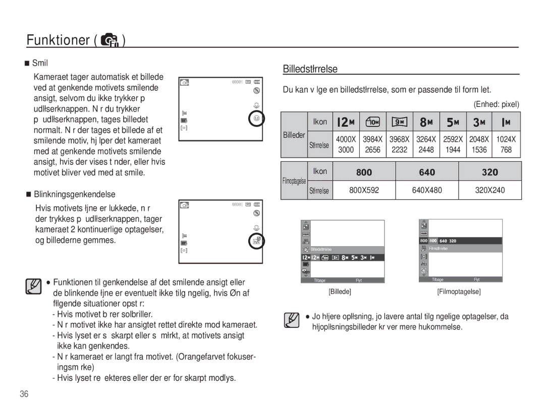 Samsung EC-ST45ZZBPRE2, EC-ST45ZZBPUE2, EC-ST45ZZBPBE2, EC-ST45ZZBPAE2 manual Billedstørrelse, Smil, Blinkningsgenkendelse 