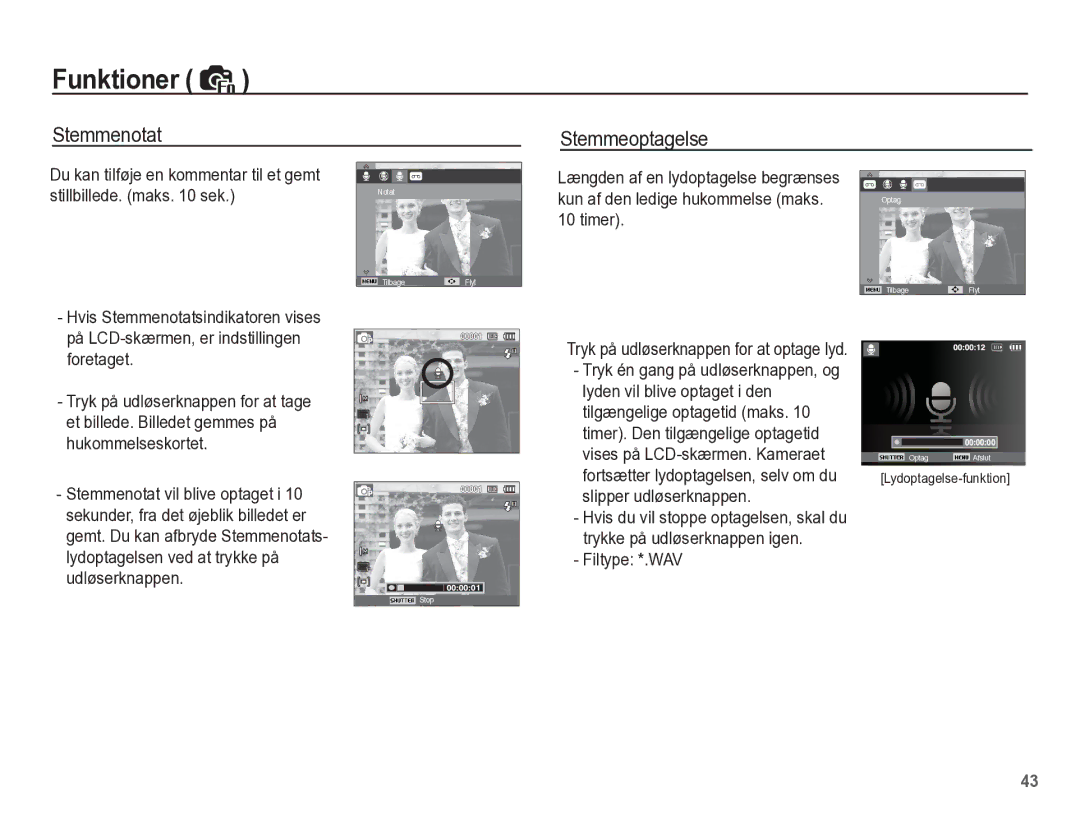 Samsung EC-ST45ZZBPUE2 manual Stemmenotat, Stemmeoptagelse, Kun af den ledige hukommelse maks, Timer, Filtype *.WAV 