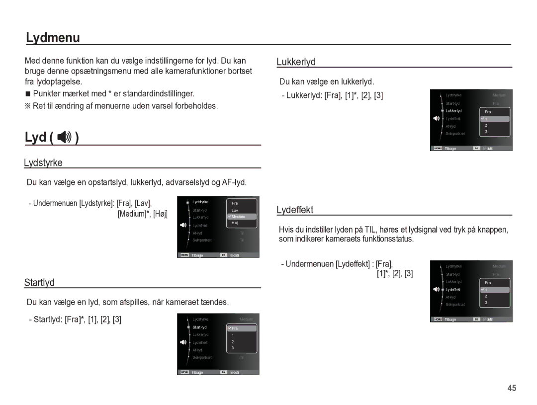 Samsung EC-ST45ZZBPBE2, EC-ST45ZZBPUE2, EC-ST45ZZBPRE2, EC-ST45ZZBPAE2 manual Lydmenu 