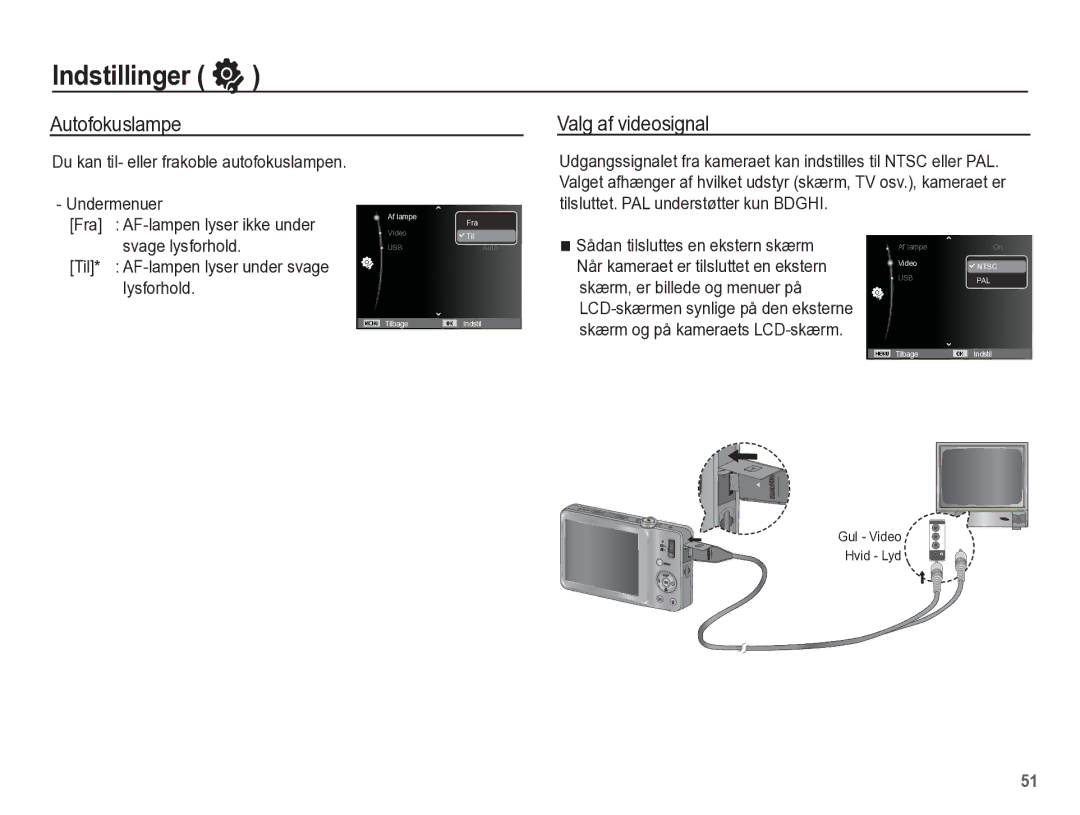 Samsung EC-ST45ZZBPUE2 manual Autofokuslampe Valg af videosignal, Du kan til- eller frakoble autofokuslampen Undermenuer 