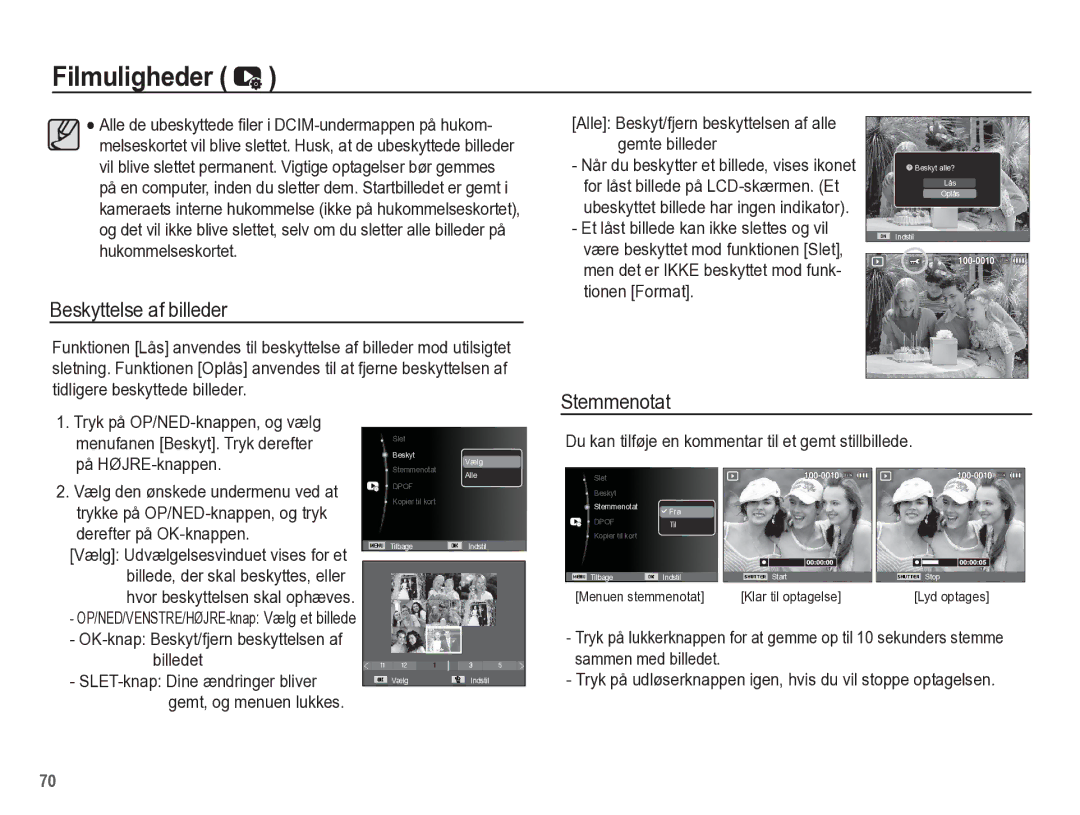 Samsung EC-ST45ZZBPAE2 Beskyttelse af billeder, Alle Beskyt/fjern beskyttelsen af alle gemte billeder, På HØJRE-knappen 