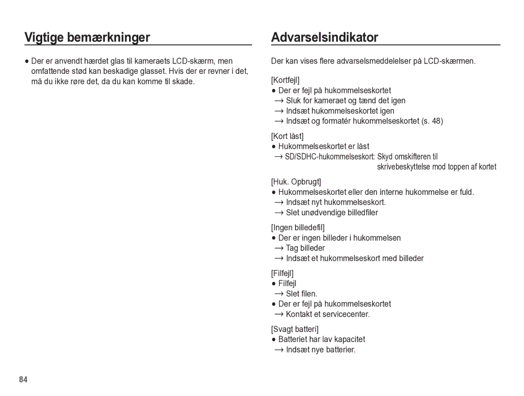 Samsung EC-ST45ZZBPRE2, EC-ST45ZZBPUE2 Indsæt og formatér hukommelseskortet s, Slet filen, Svagt batteri, Filfejl Filfejl 