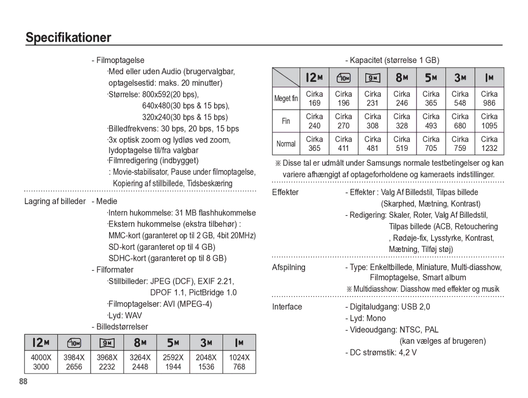 Samsung EC-ST45ZZBPRE2 manual Filmoptagelse, Medie, Filformater, Dpof 1.1, PictBridge, ·Lyd WAV Billedstørrelser, Effekter 