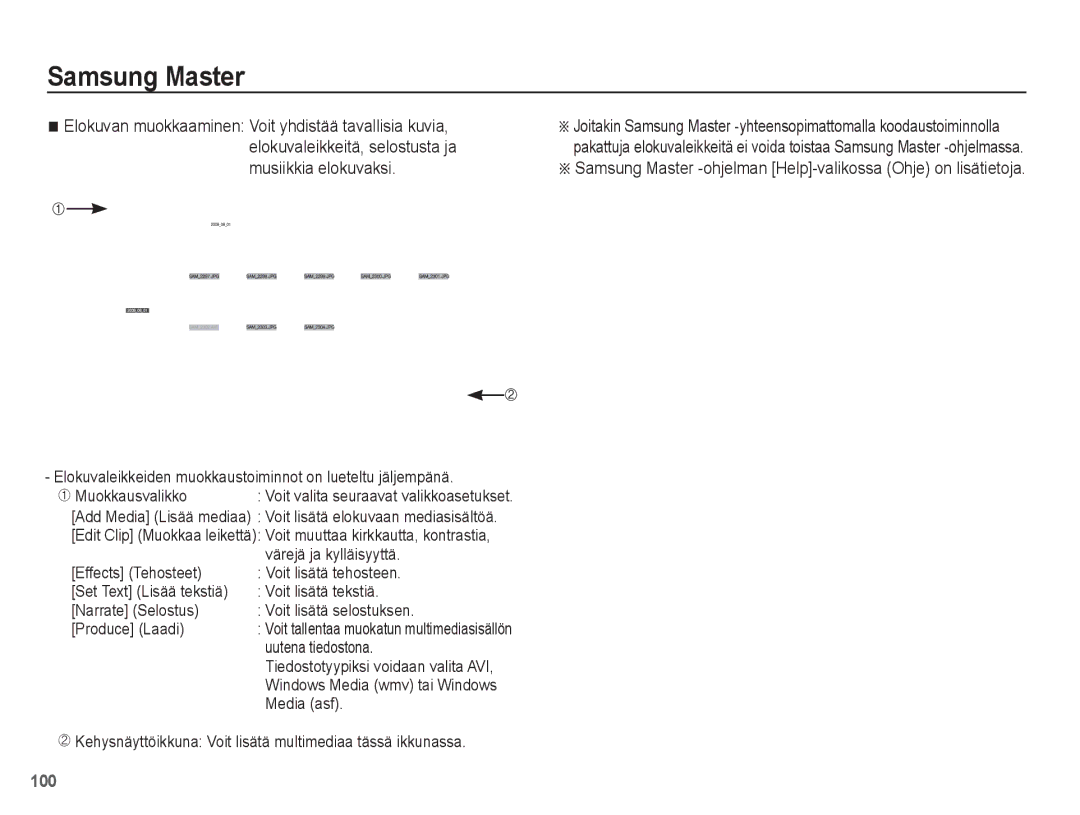 Samsung EC-ST45ZZBPRE2 manual Elokuvaleikkeiden muokkaustoiminnot on lueteltu jäljempänä, Värejä ja kylläisyyttä, Media asf 