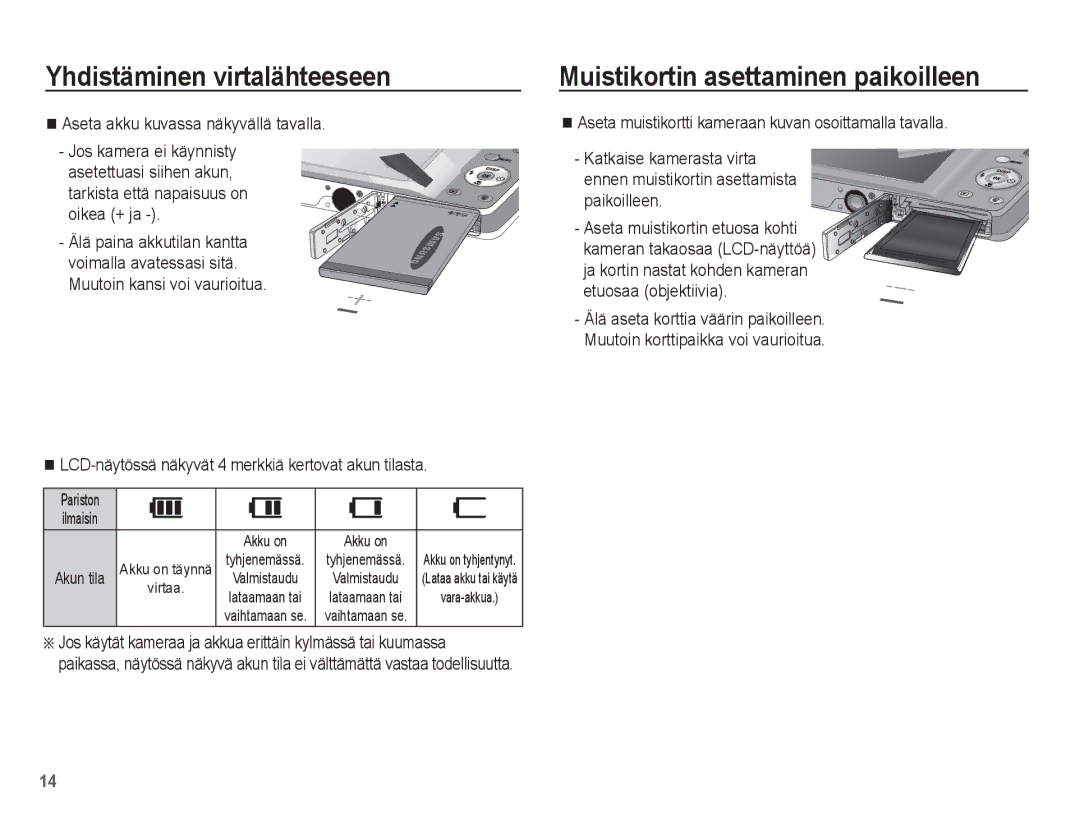 Samsung EC-ST45ZZBPAE2 manual Muistikortin asettaminen paikoilleen, Aseta akku kuvassa näkyvällä tavalla, Akun tila 