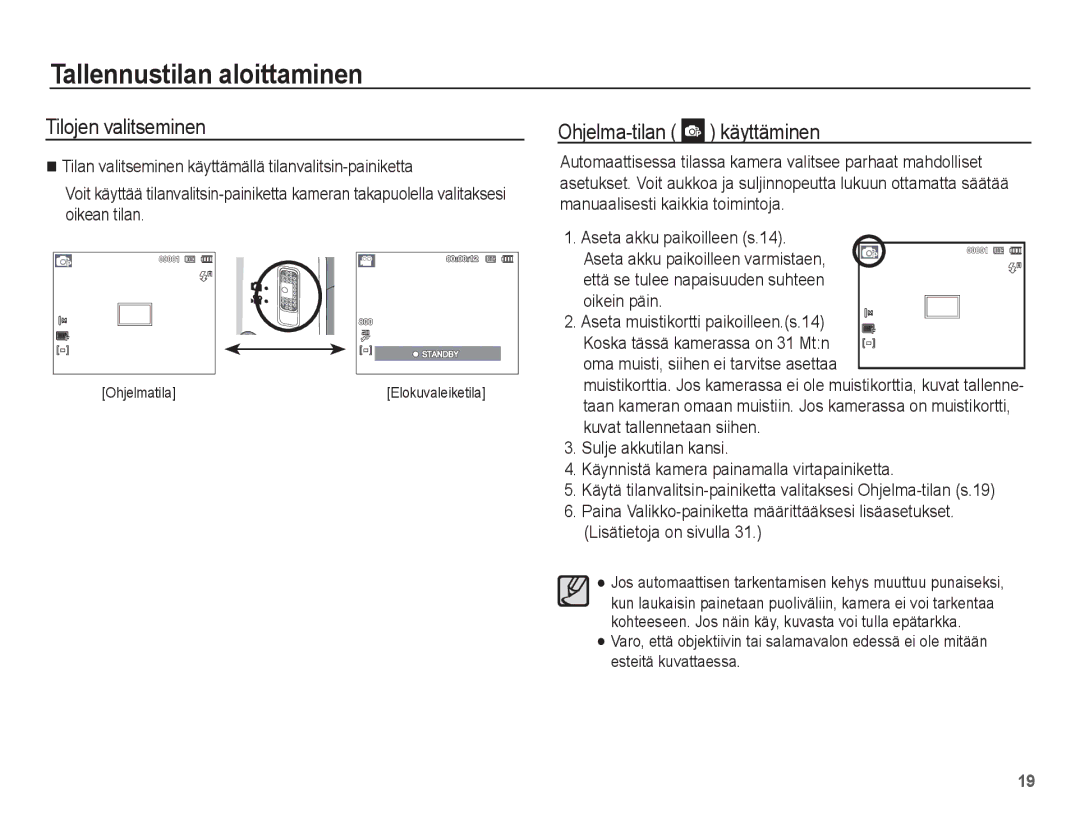 Samsung EC-ST45ZZBPUE2 manual Tallennustilan aloittaminen, Tilojen valitseminen, Ohjelma-tilan käyttäminen, Oikein päin 