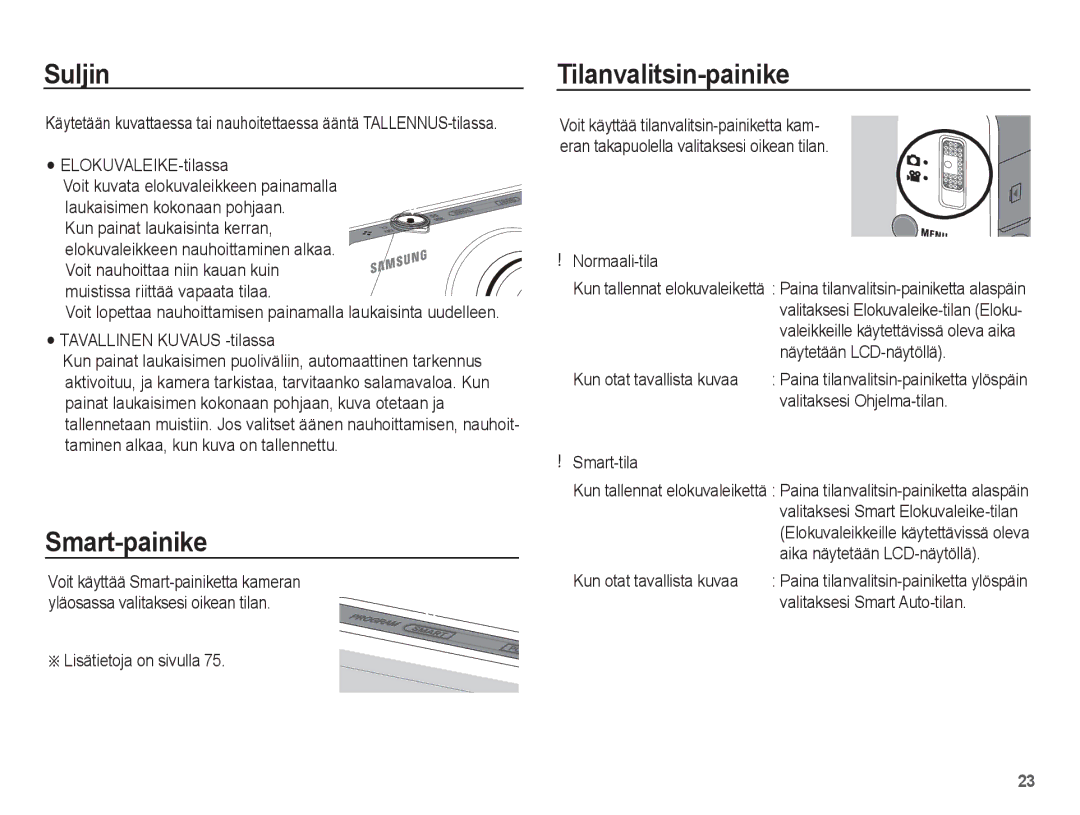 Samsung EC-ST45ZZBPUE2, EC-ST45ZZBPRE2, EC-ST45ZZBPBE2, EC-ST45ZZBPAE2 manual Suljin, Smart-painike, Tilanvalitsin-painike 