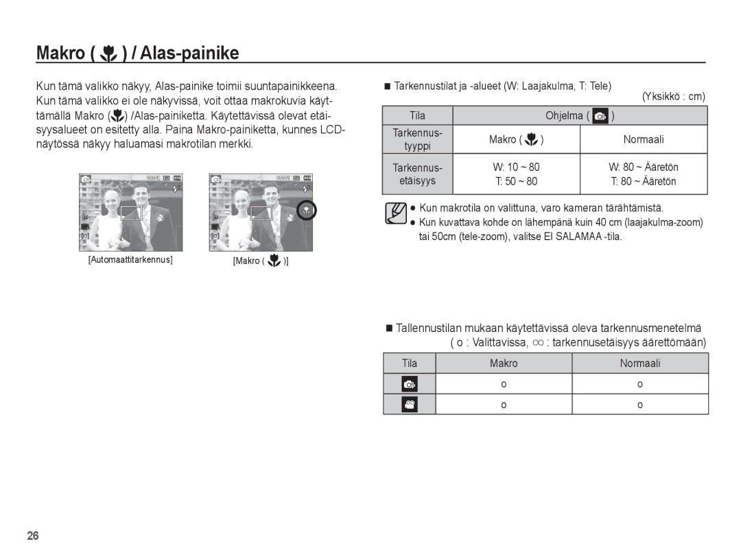 Samsung EC-ST45ZZBPAE2, EC-ST45ZZBPUE2, EC-ST45ZZBPRE2, EC-ST45ZZBPBE2 manual Makro / Alas-painike, Valittavissa 