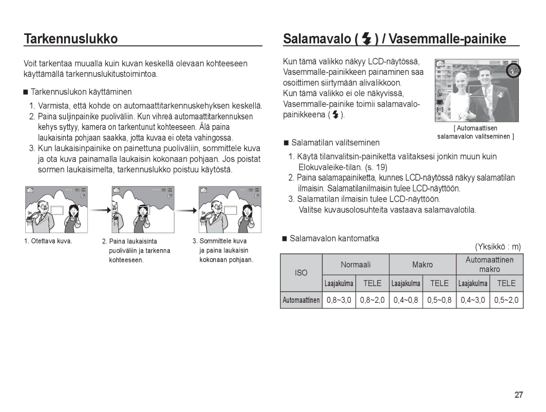 Samsung EC-ST45ZZBPUE2, EC-ST45ZZBPRE2 manual Tarkennuslukko, Salamavalo / Vasemmalle-painike, Salamatilan valitseminen 