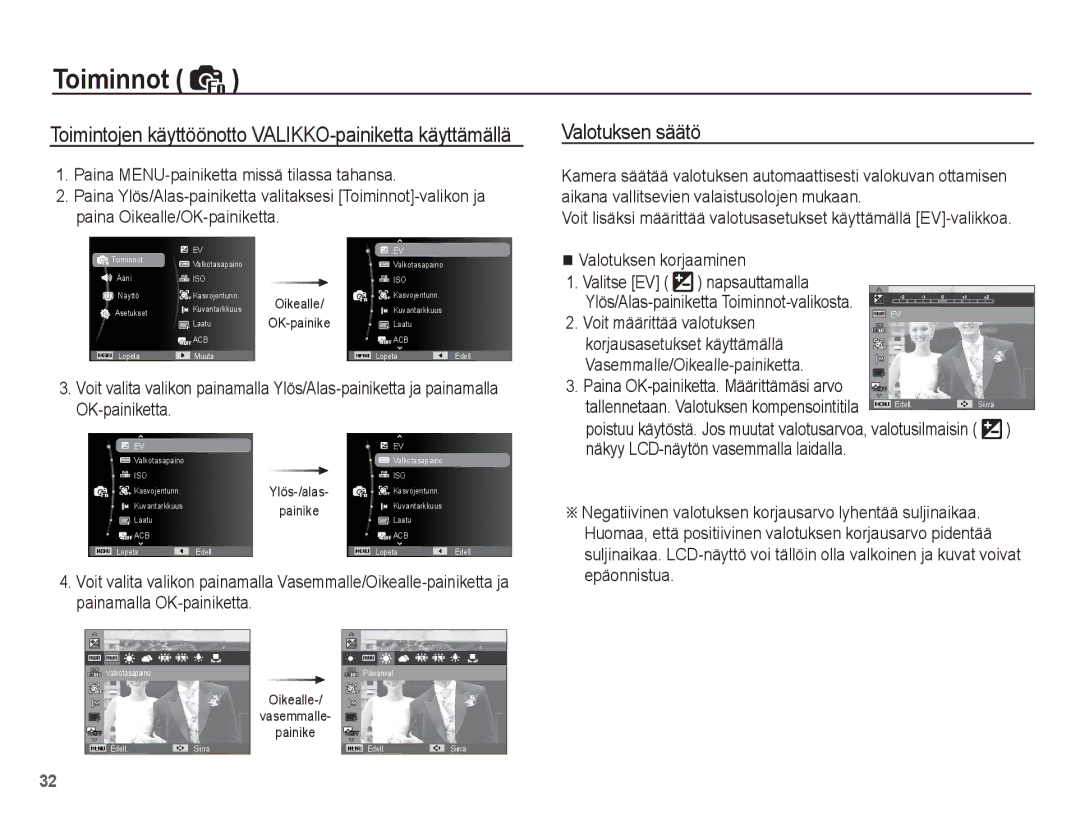 Samsung EC-ST45ZZBPRE2 manual Valotuksen säätö, Paina MENU-painiketta missä tilassa tahansa, Valotuksen korjaaminen 