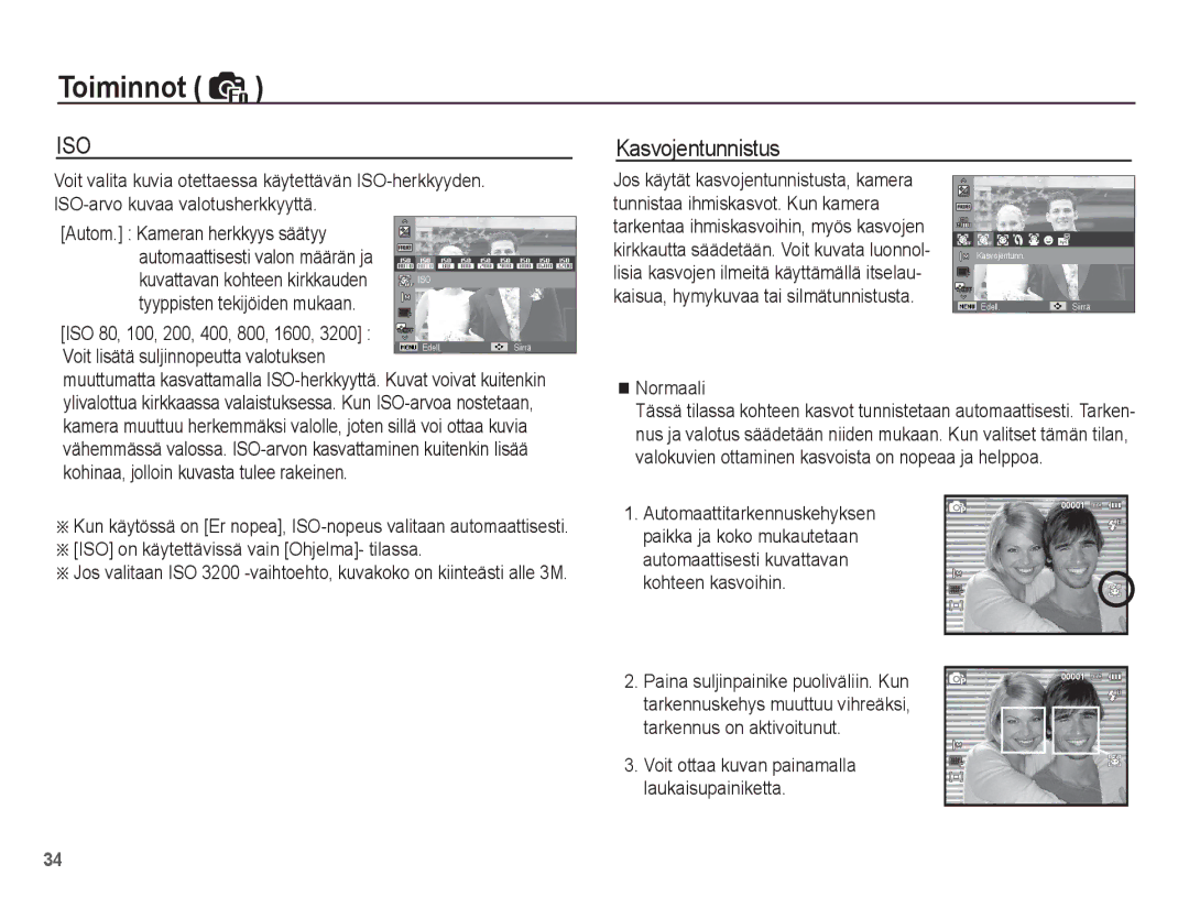 Samsung EC-ST45ZZBPAE2, EC-ST45ZZBPUE2, EC-ST45ZZBPRE2, EC-ST45ZZBPBE2 manual Kasvojentunnistus 