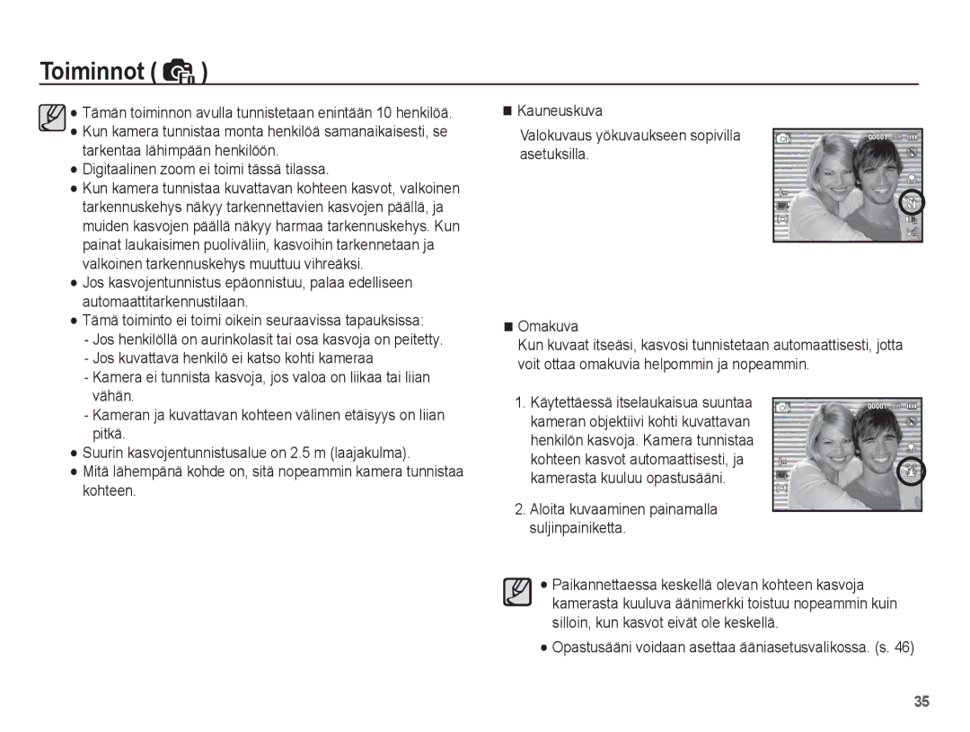 Samsung EC-ST45ZZBPUE2 manual Digitaalinen zoom ei toimi tässä tilassa, Opastusääni voidaan asettaa ääniasetusvalikossa. s 