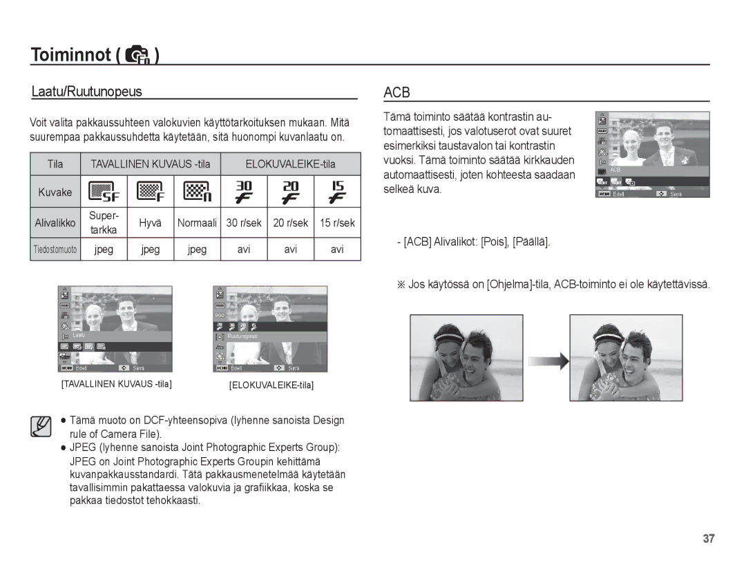 Samsung EC-ST45ZZBPBE2 manual Laatu/Ruutunopeus, ACB Alivalikot Pois, Päällä, Super Hyvä Normaali, Tarkka, Jpeg Avi 