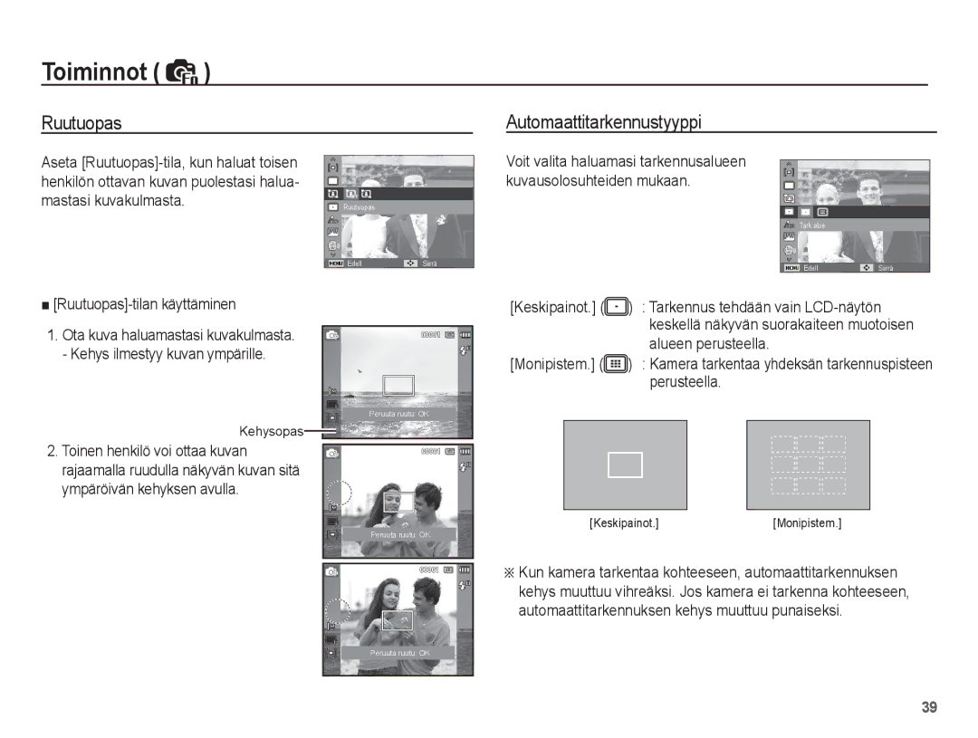 Samsung EC-ST45ZZBPUE2 manual Automaattitarkennustyyppi, Aseta Ruutuopas-tila, kun haluat toisen, Mastasi kuvakulmasta 