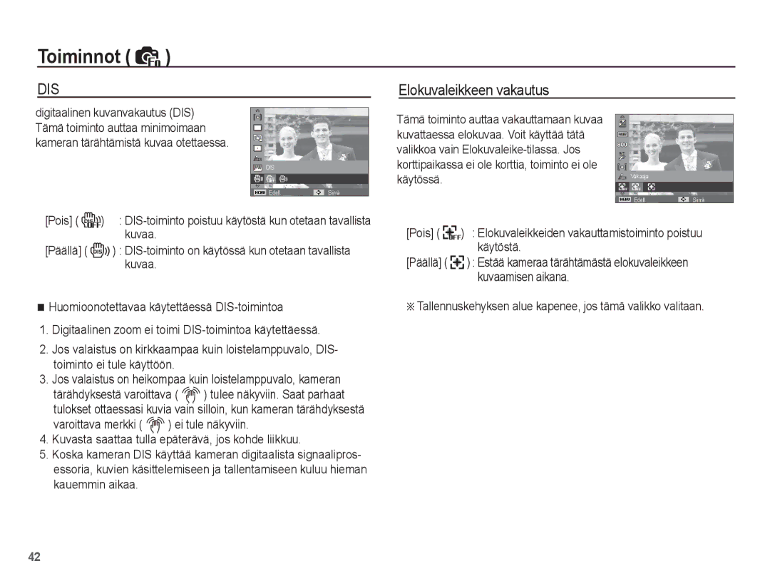 Samsung EC-ST45ZZBPAE2, EC-ST45ZZBPUE2, EC-ST45ZZBPRE2, EC-ST45ZZBPBE2 manual Elokuvaleikkeen vakautus, Käytössä, Pois, Kuvaa 