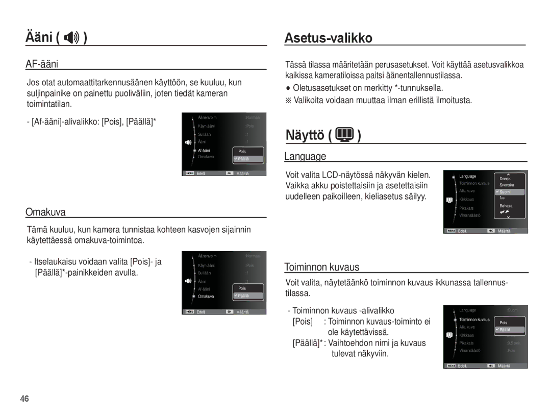 Samsung EC-ST45ZZBPAE2, EC-ST45ZZBPUE2, EC-ST45ZZBPRE2, EC-ST45ZZBPBE2 manual Asetus-valikko, Näyttö 