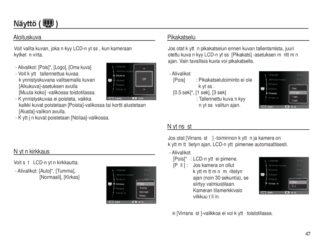 Samsung EC-ST45ZZBPUE2, EC-ST45ZZBPRE2, EC-ST45ZZBPBE2 manual Aloituskuva, Pikakatselu, Näytönsäästö, Näytön kirkkaus 