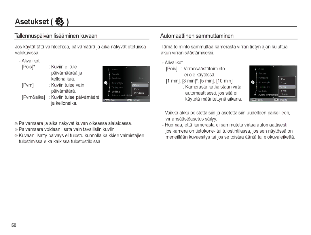 Samsung EC-ST45ZZBPAE2, EC-ST45ZZBPUE2, EC-ST45ZZBPRE2 manual Tallennuspäivän lisääminen kuvaan, Automaattinen sammuttaminen 