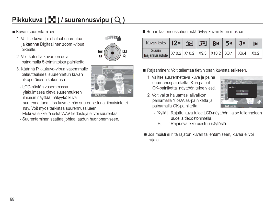 Samsung EC-ST45ZZBPAE2 Kuvan suurentaminen, Rajaaminen Voit tallentaa tietyn osan kuvasta erikseen, X10.2 X9.3 X8.1 X6.4 