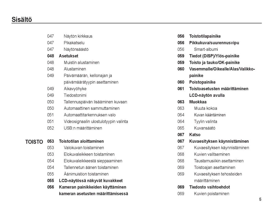 Samsung EC-ST45ZZBPBE2 manual 047 Näytön kirkkaus, Pikakatselu, 047 Näytönsäästö 056 Smart-albumi, Muistin alustaminen 